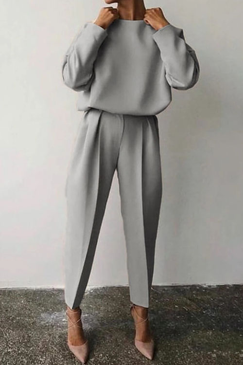 Kathiadress Loose Solid Color Long Sleeve Casual Two-piece Set