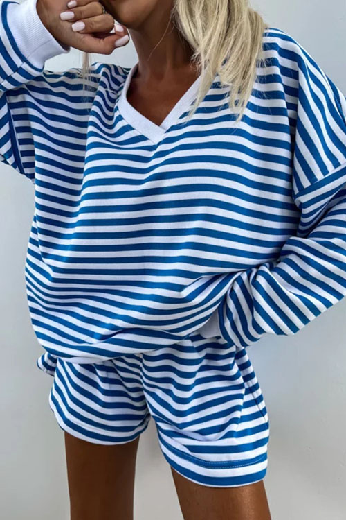 Kathiadress Casual Striped V-Neck Loose Top Shorts Two-piece Set