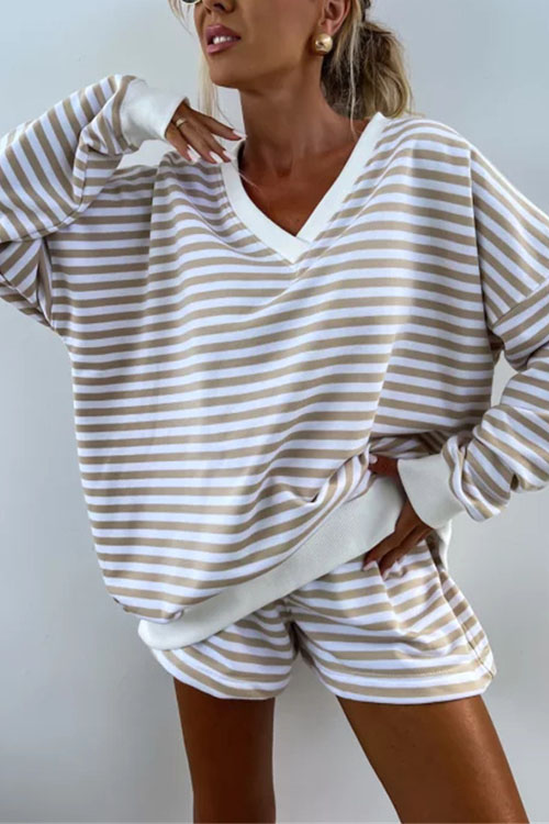 Kathiadress Casual Striped V-Neck Loose Top Shorts Two-piece Set