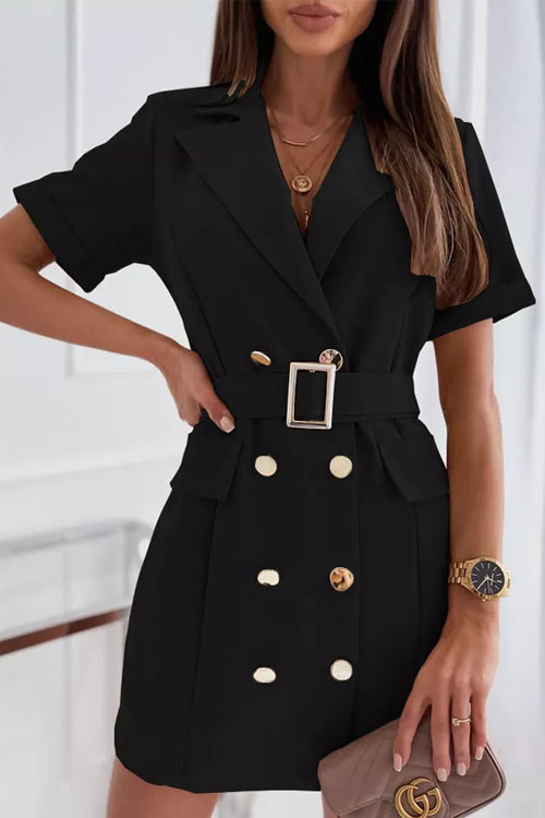 Kathiadress Waist-slimming Double-breasted Short-sleeve Blazer-neck Dress