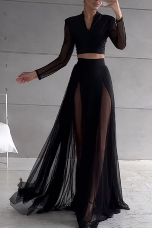 Kathiadress Stretch Gauze Patchwork Long Sleeve Suit