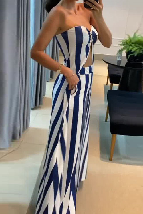 Kathiadress Striped Midriff-Baring Bandeau Top & Skirt Set