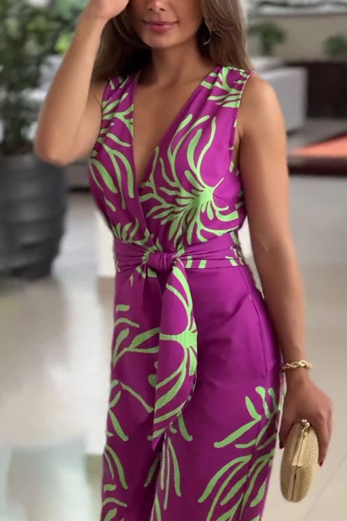 Kathiadress V-Neck Sleeveless Belted Wide-Leg Jumpsuit