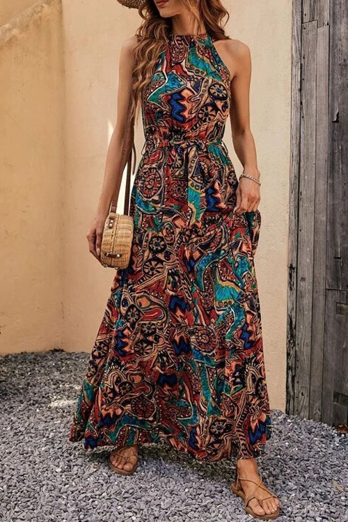 Kathiadress Bohemian Vintage Halterneck Maxi Dress