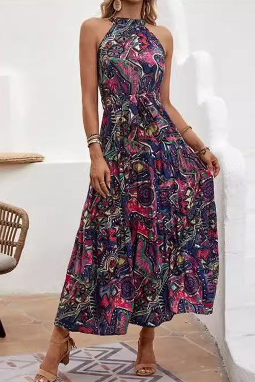 Kathiadress Bohemian Vintage Halterneck Maxi Dress