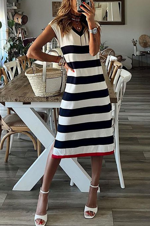 Kathiadress Striped Hem Split Casual Loose Dress