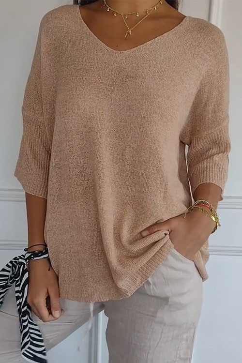 Kathiadress Slimming V-neck Solid Color Knit Shirt