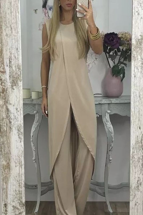 Kathiadress Casual Sleeveless Loose Round Neck Long Pants Two-Piece Set