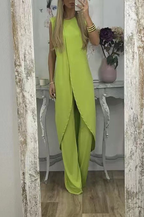 Kathiadress Casual Sleeveless Loose Round Neck Long Pants Two-Piece Set