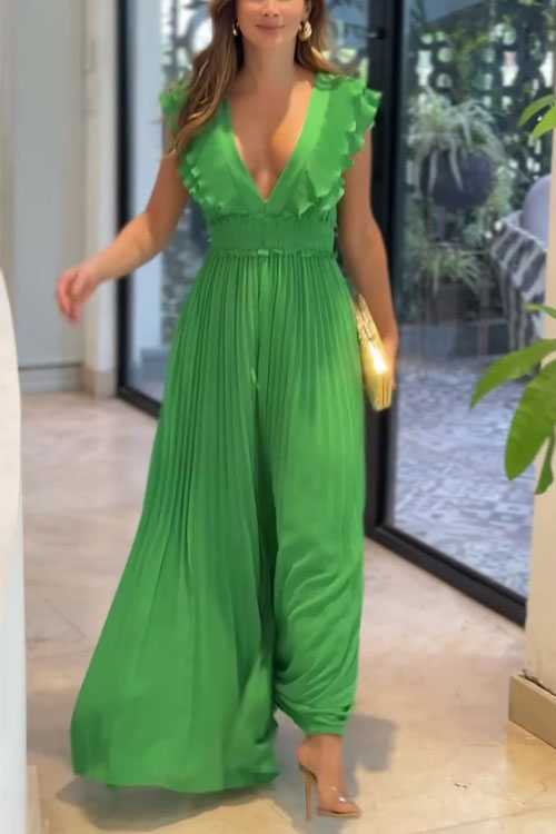 Kathiadress Lace deep V green wide-leg jumpsuit