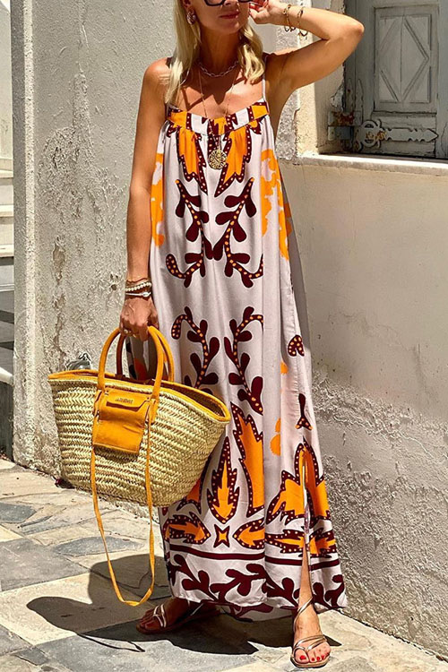 Kathiadress Spaghetti Strap Loose Vacation Printed Dress 
