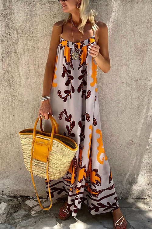 Kathiadress Spaghetti Strap Loose Vacation Printed Dress 