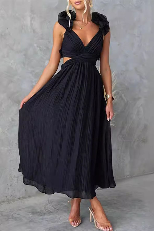 Kathiadress Sleeveless Solid Color Tie-Waist Pleated Skirt Dress