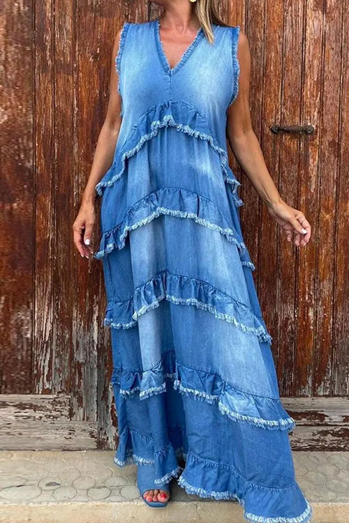 Kathiadress Solid color V-neck fashionable frayed edge stitching denim dress