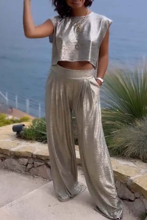 Kathiadress Casual Shiny Vest Wide Leg Pants Two-piece Set