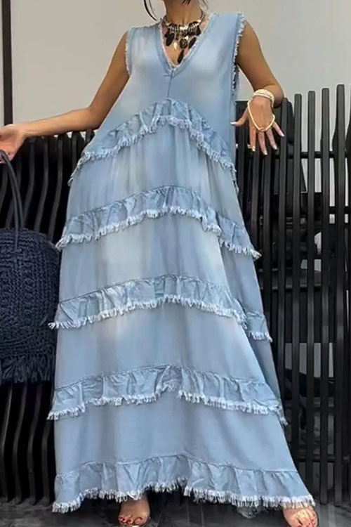 Kathiadress Solid color V-neck fashionable frayed edge stitching denim dress