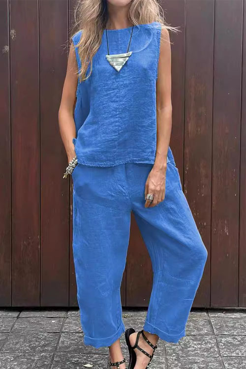 Kathiadress Sleeveless Cotton Linen Casual Loose Two-piece Set
