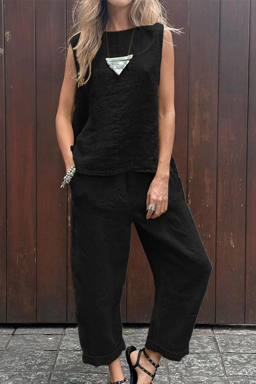 Kathiadress Sleeveless Cotton Linen Casual Loose Two-piece Set