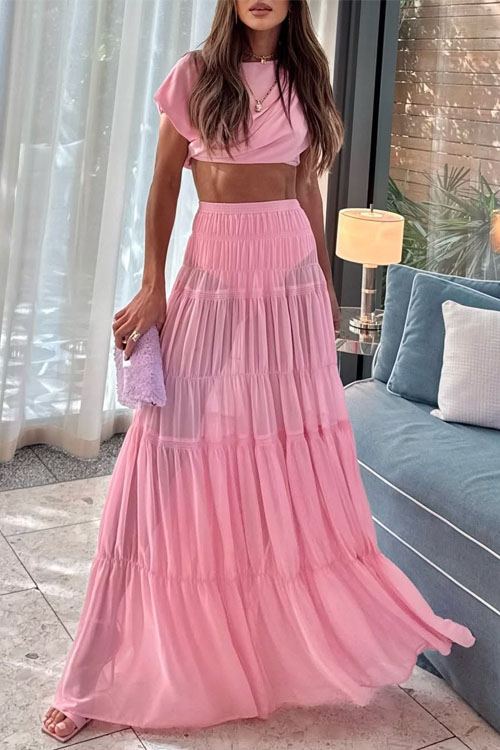 Kathiadress Pleated top and pink long skirt two-piece suit