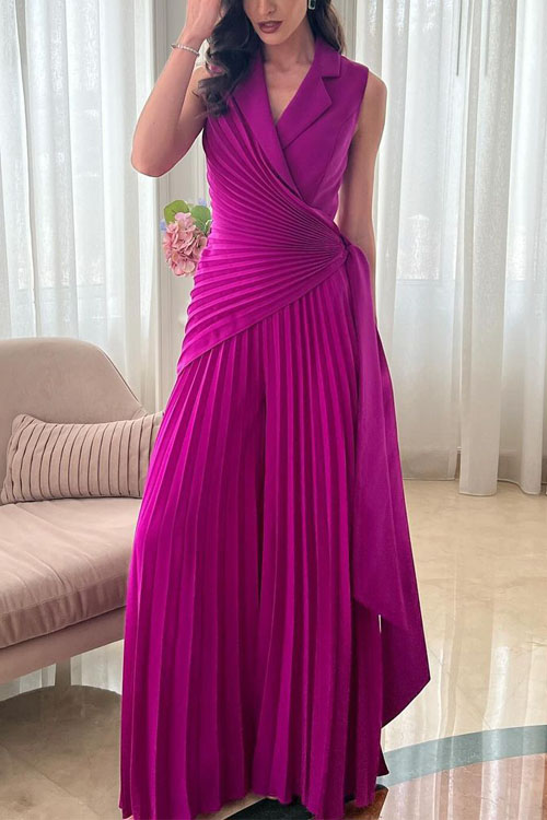 Kathiadress Lapel Multi-pleated Solid Color Wide-leg Jumpsuit