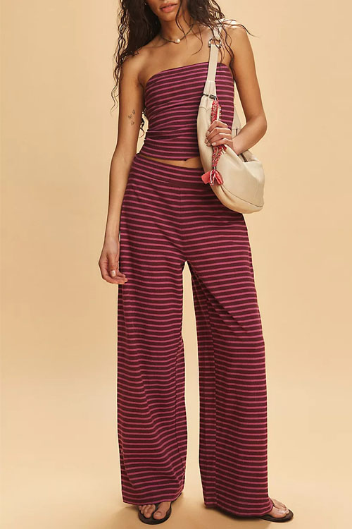 Kathiadress Striped tube top and fashionable elastic trousers two-piece set