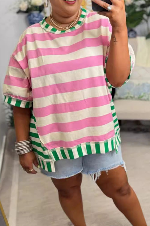 Kathiadress Loose casual striped patchwork T-shirt