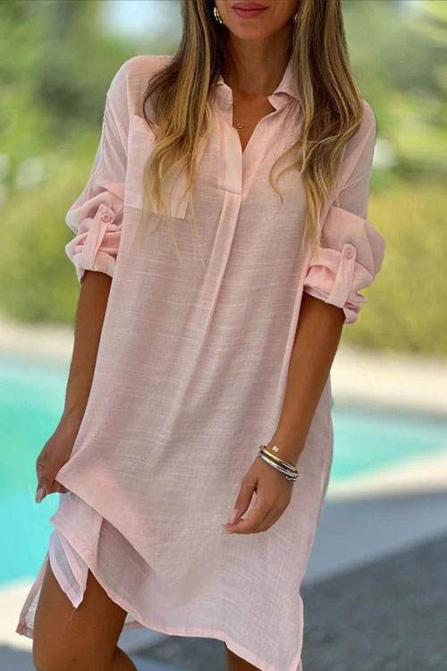  Kathiadress Loose Beach Solid Color Cotton and Linen Shirt Dress