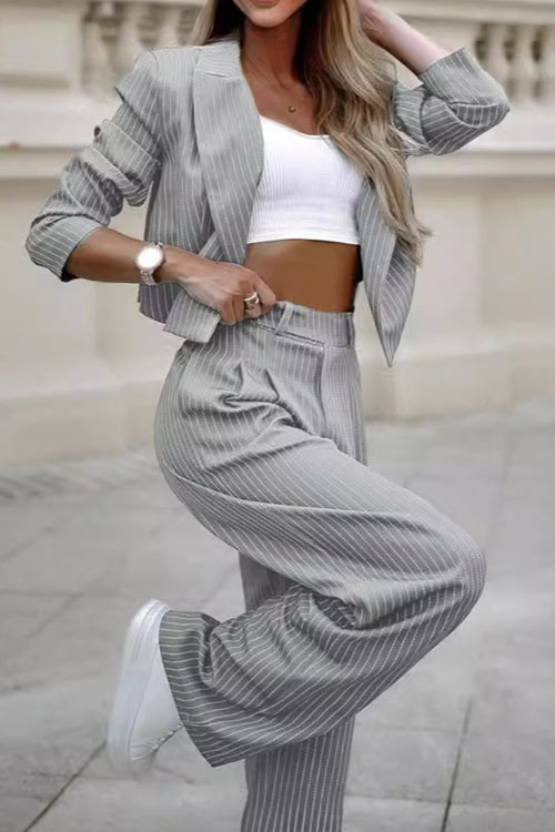 Kathiadress Striped Cropped Blazer and Straight-Leg Pants Suit