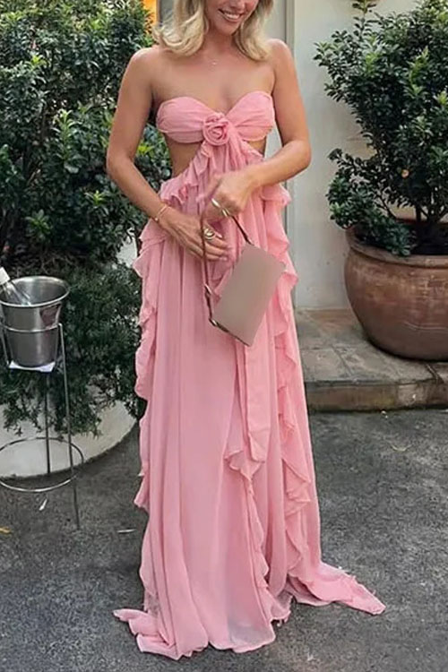 Kathiadress Halter neck tube top ruffled backless holiday maxi dress