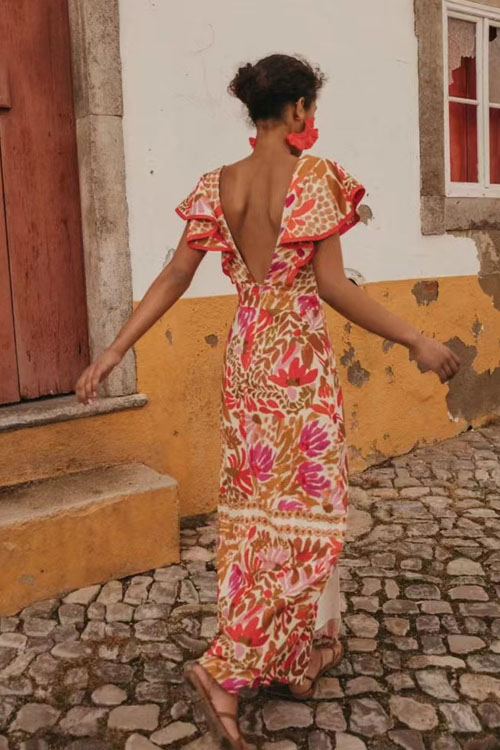 Kathiadress V-neck ruffled slit floral backless dress