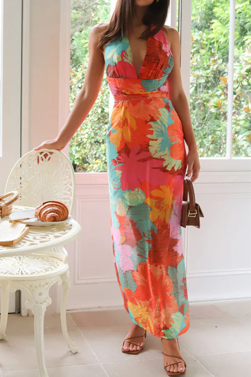 Kathiadress  Casual V-neck printed lace-up midi dress