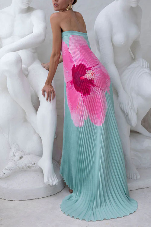 Kathiadress Pleated Positioning Printed Bandeau Swing Dress