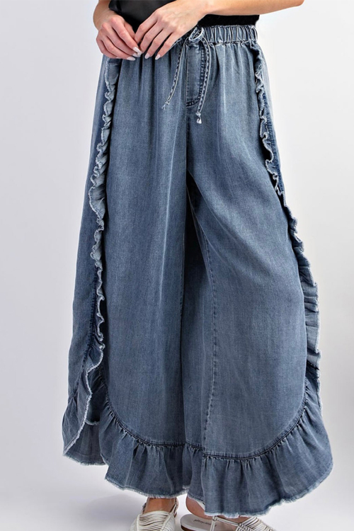 Kathiadress Bohemian Denim Ruffle Flare Pants 
