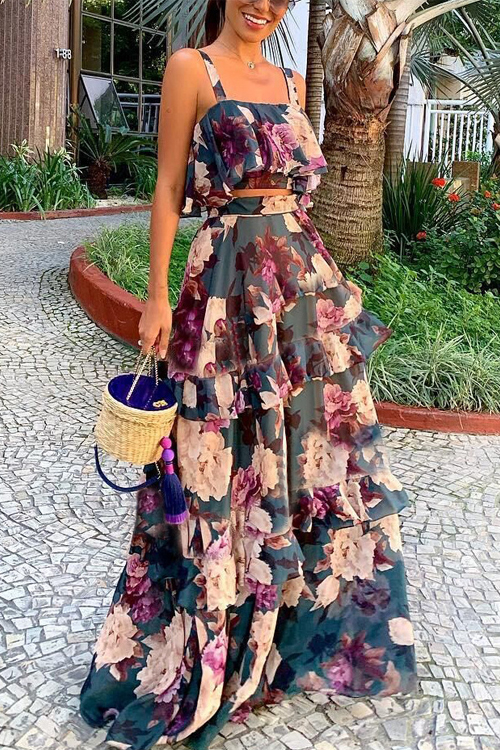 Kathiadress Strappy Top and Ruffle Maxi Skirt Set
