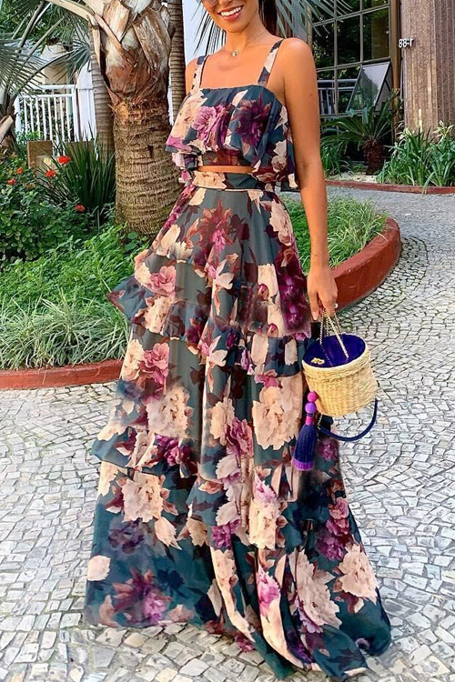 Kathiadress Strappy Top and Ruffle Maxi Skirt Set