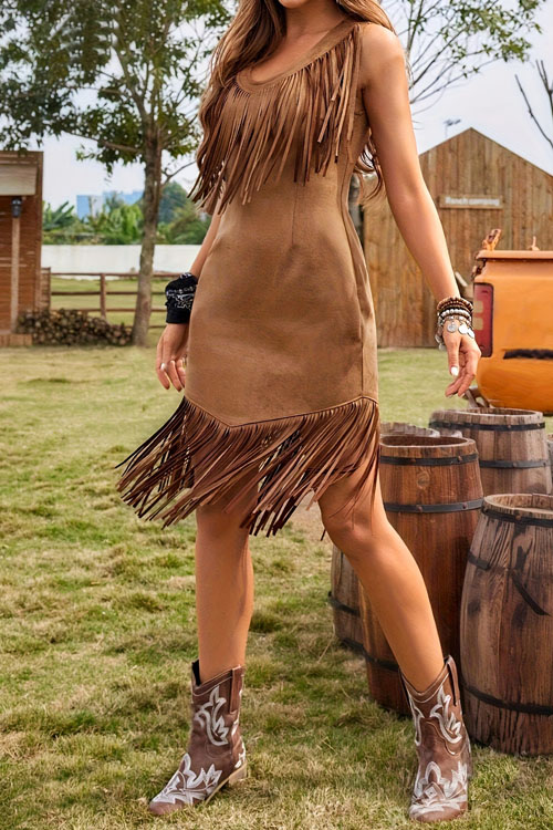 Kathiadress  Resort Western Suede Hem Fringe Dress