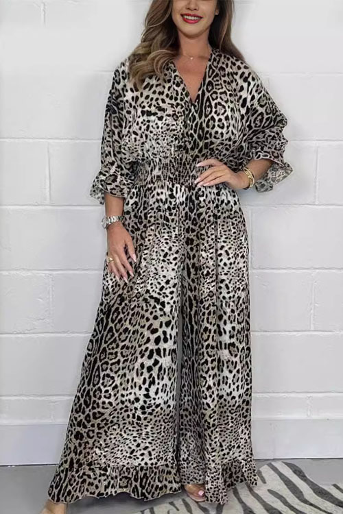 Kathiadress Fashionable Leopard Print Casual Wide-Leg Jumpsuit