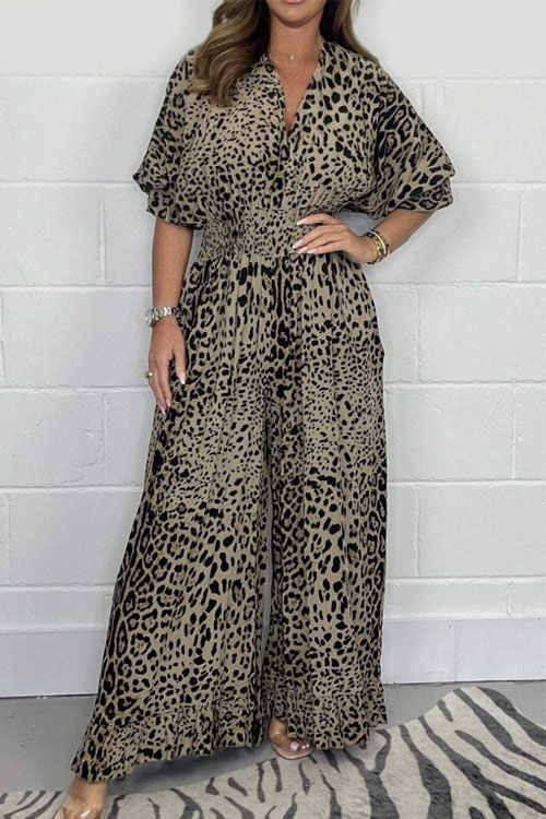Kathiadress Fashionable Leopard Print Casual Wide-Leg Jumpsuit