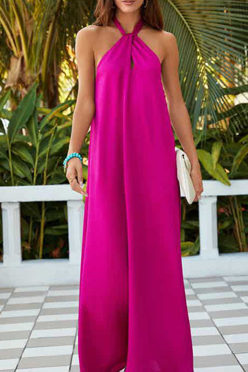 Kathiadress Sleeveless halter neck backless solid color dress