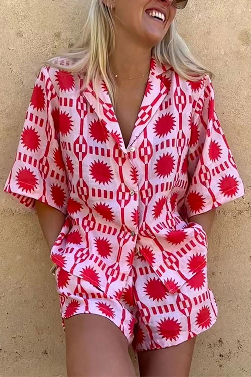 Kathiadress Turn-down Collar Short Sleeve Loose Casual Vacation Two-piece Set