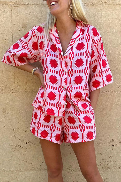 Kathiadress Turn-down Collar Short Sleeve Loose Casual Vacation Two-piece Set