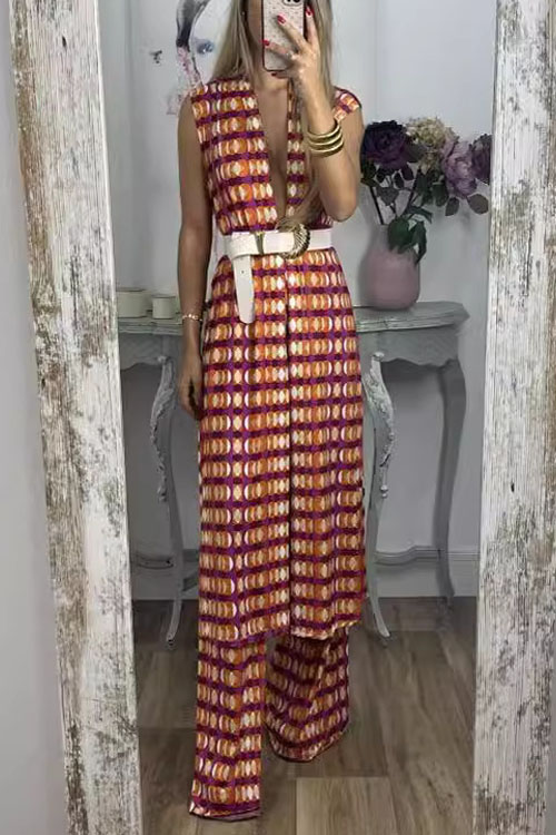 Kathiadress Printed Sleeveless Long Top & Straight-leg Pants Two-piece Set
