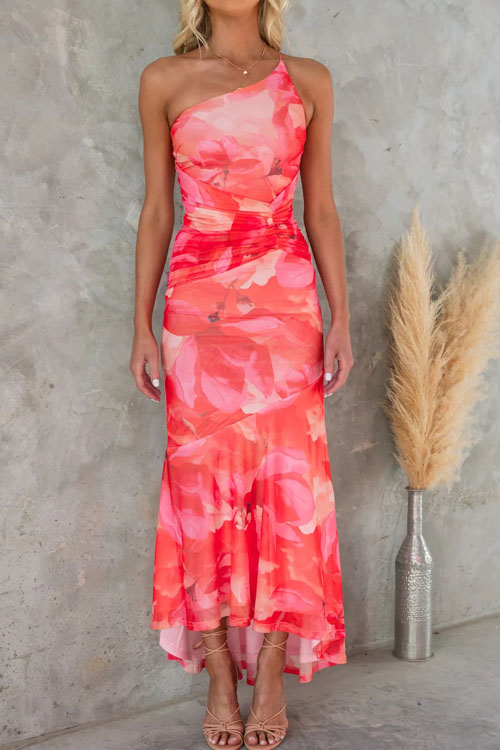 Kathiadress Asymmetric Shoulder Floral Stretchy Dress