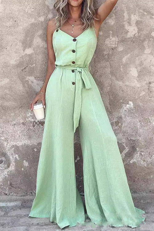 Kathiadress Green Button-Up Tie Jumpsuit