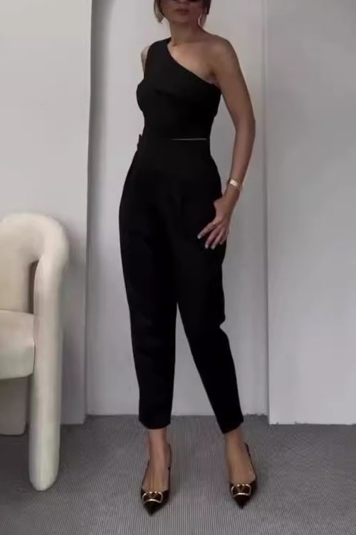 Kathiadress Slant collar halter top high waist straight pants suit
