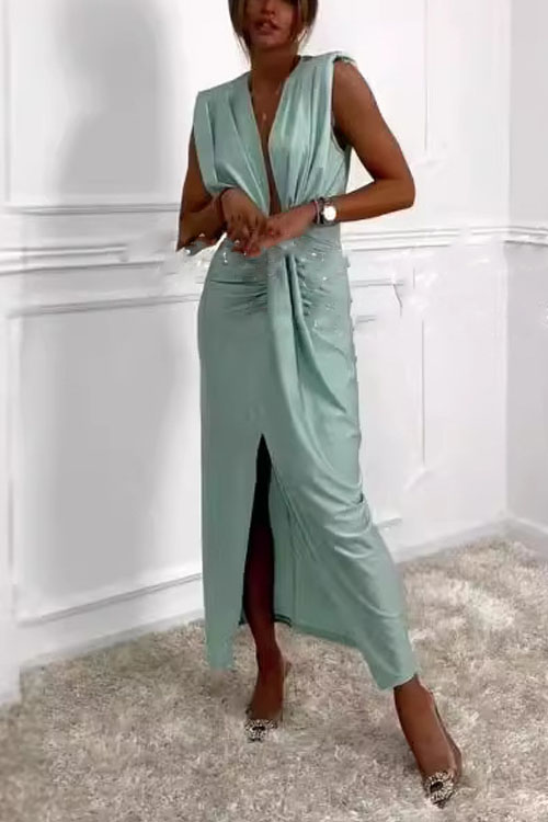 Kathiadress Hot Girl Ruched V-Neck Waist-Cinching Maxi Dress