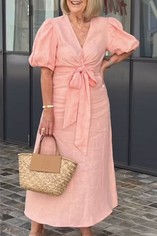 Kathiadress V-Neck Tie-Waist Puff Sleeve Cotton Dress