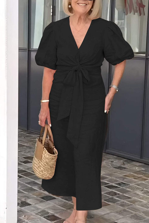 Kathiadress V-Neck Tie-Waist Puff Sleeve Cotton Dress