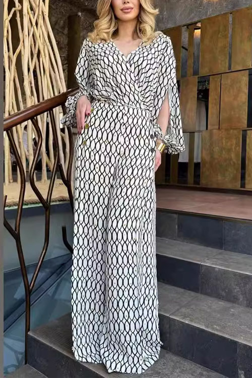 Kathiadress Loose Long-Sleeve Top & High-Waist Wide-Leg Pants Two-piece Set