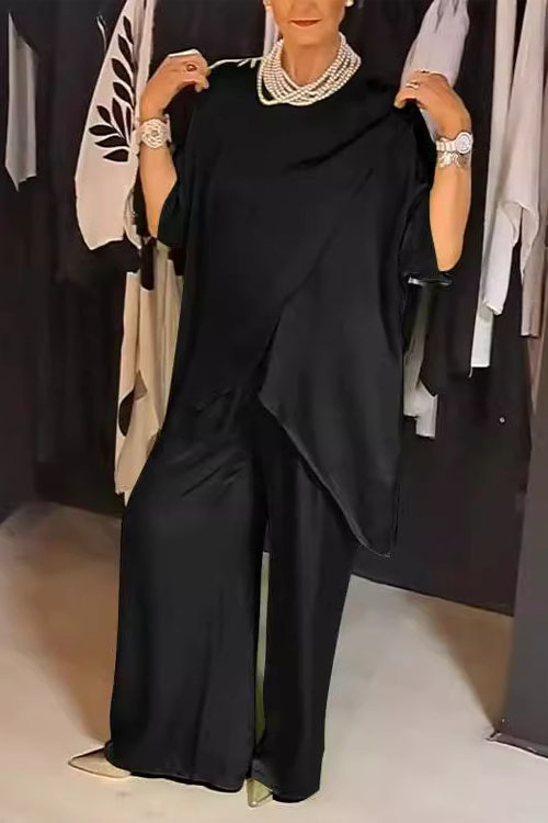 Kathiadress Solid Color Round Neck Casual Fashionable Irregular Set